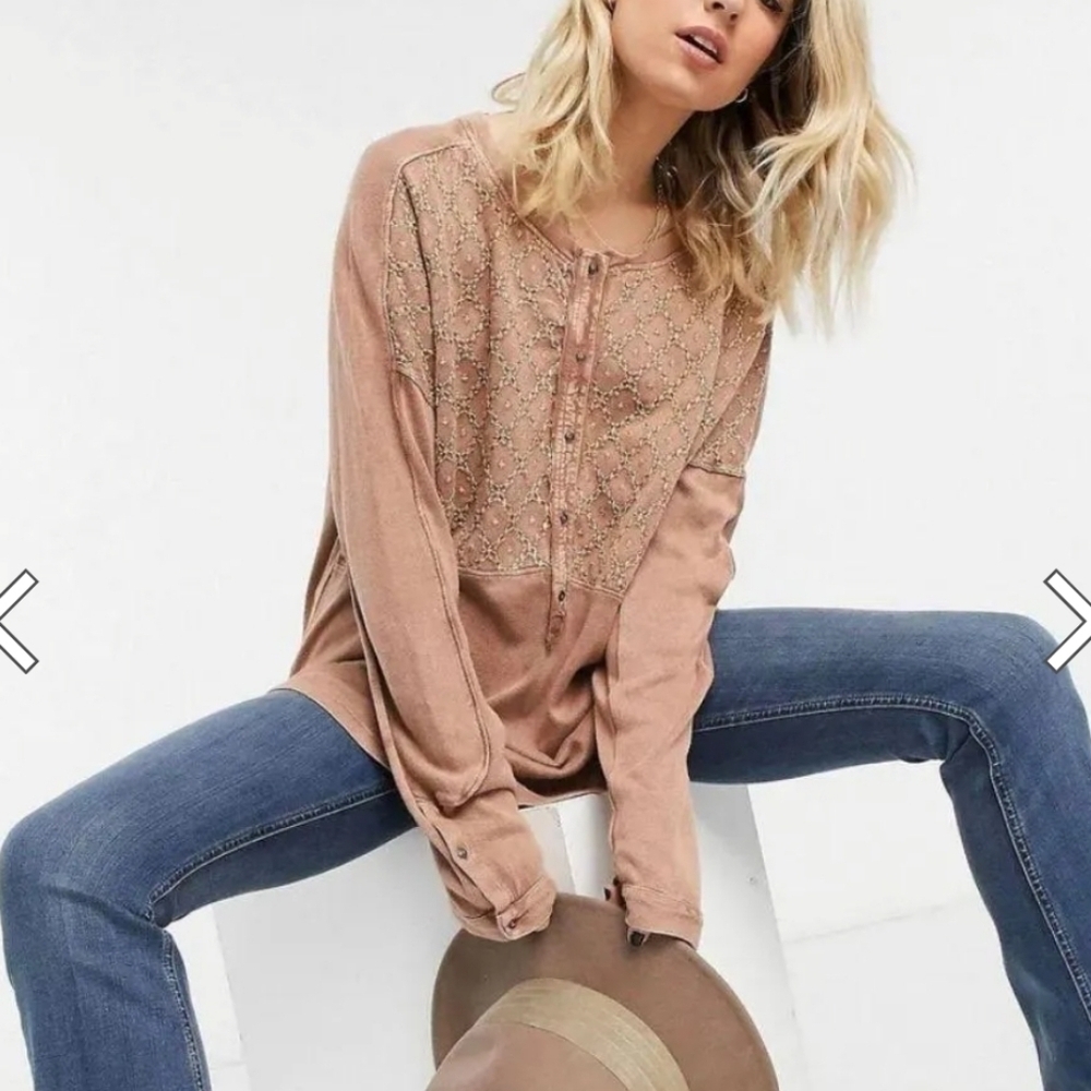 Free People Mauve Beaded Henley Tunic